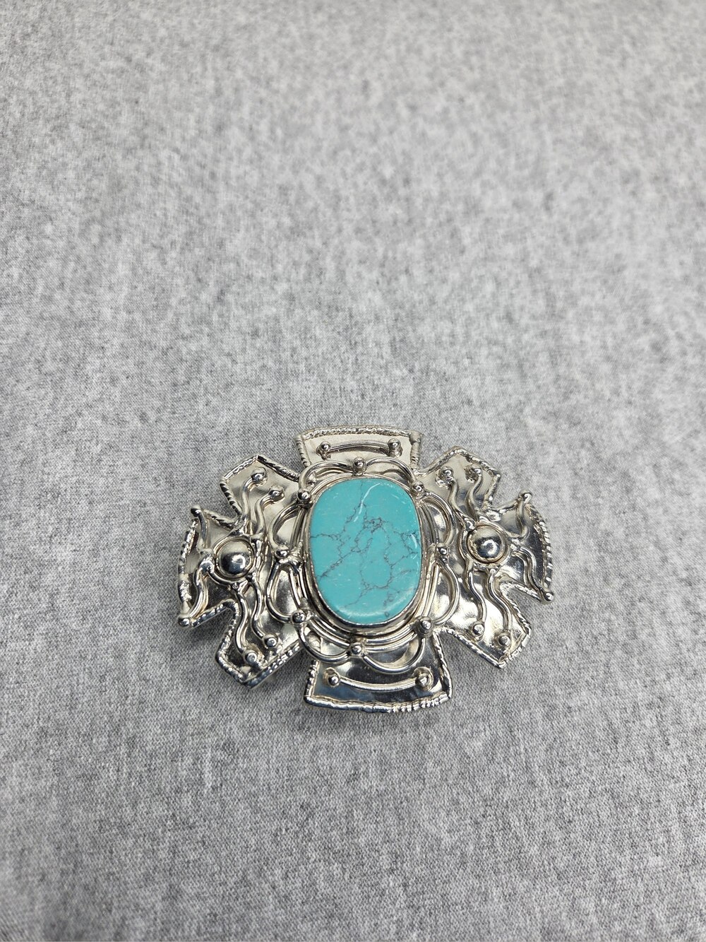 Vintage Brutalist Belt Buckle Turquoise Silver Hammered Handmade Modernist